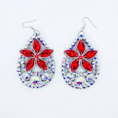 Star Flower Rhinestones Red Earrings