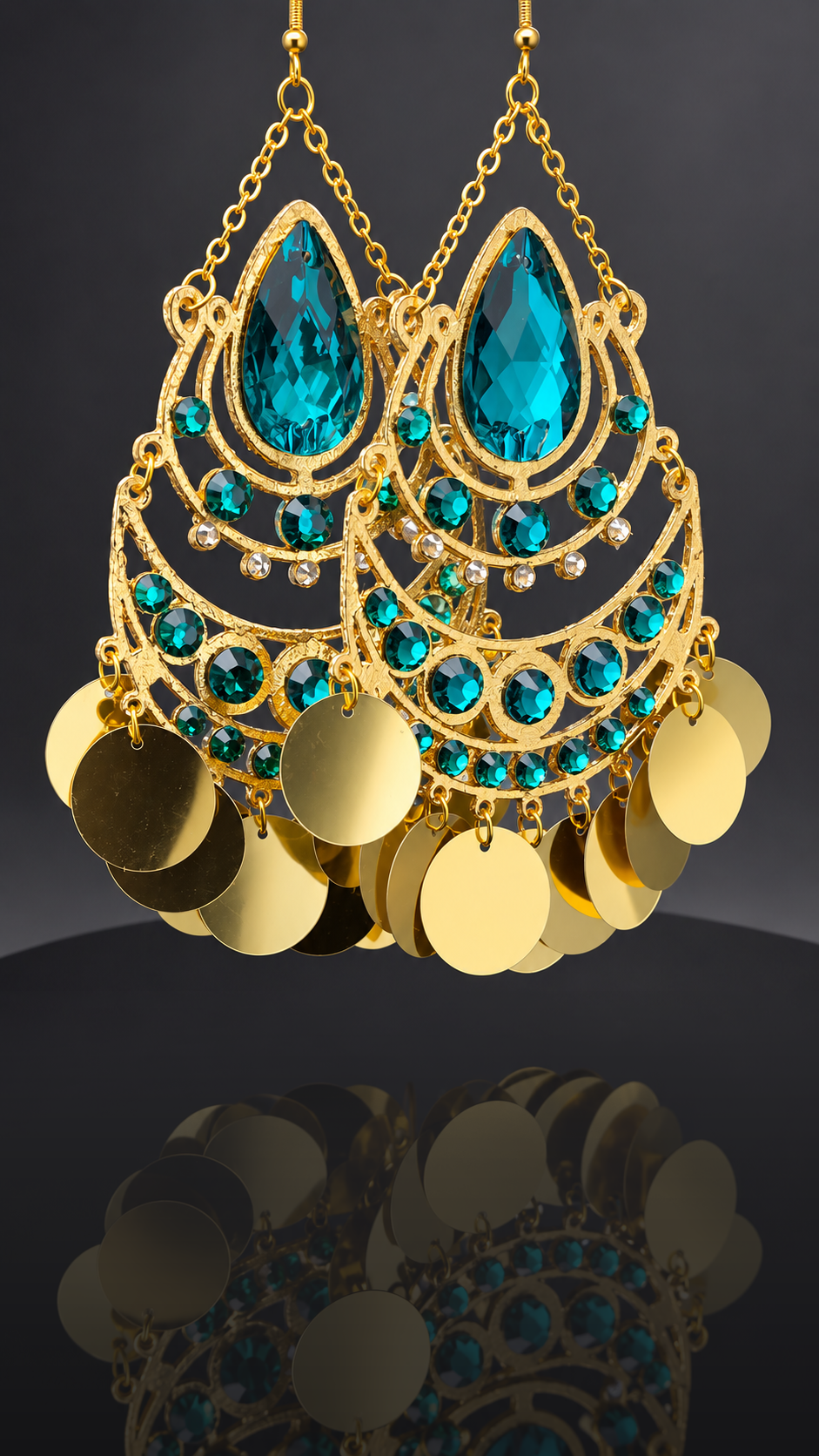 Teal and Gold Chandelier Earrings 2
