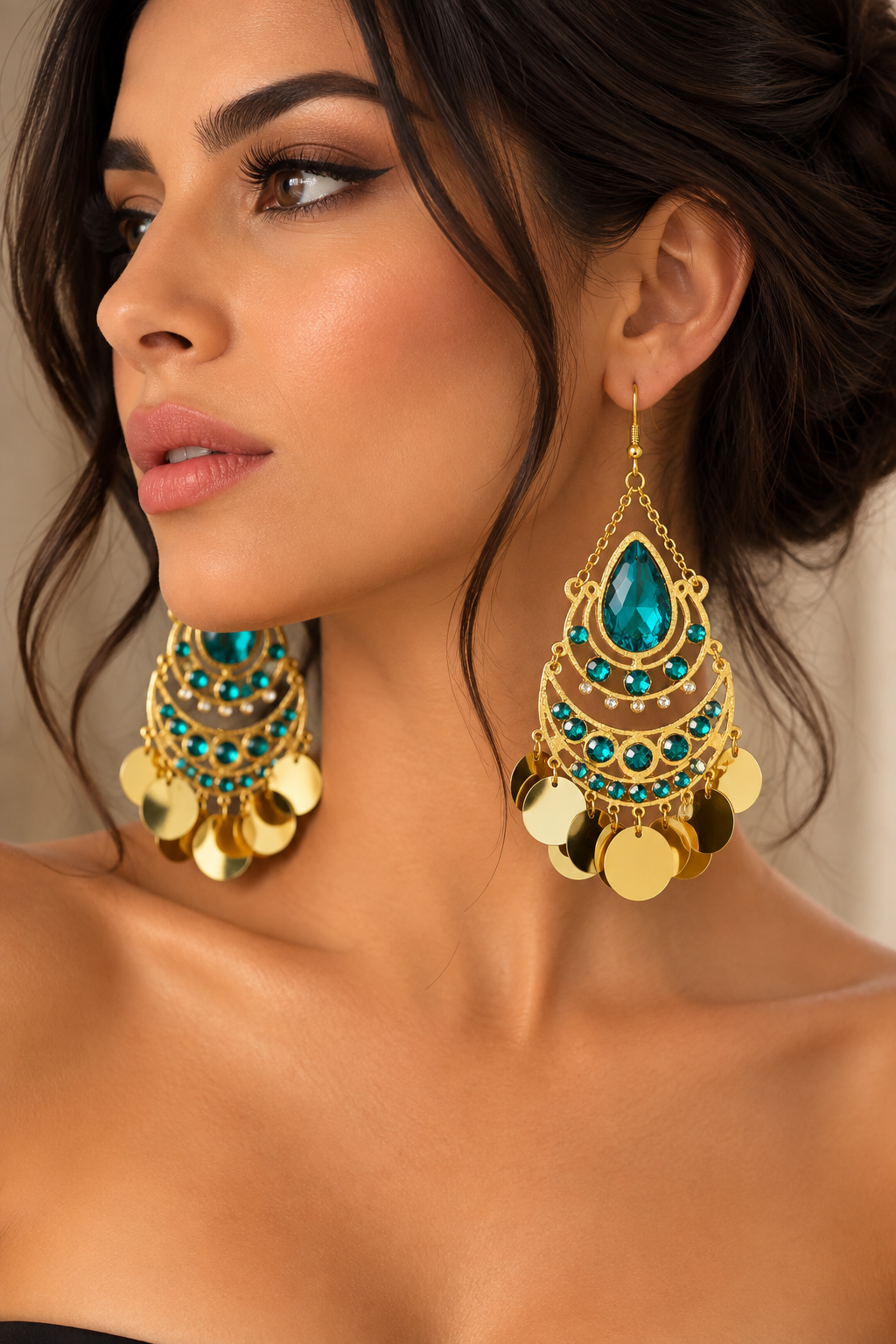 Glamorous Teal and Gold Chandelier Earrings