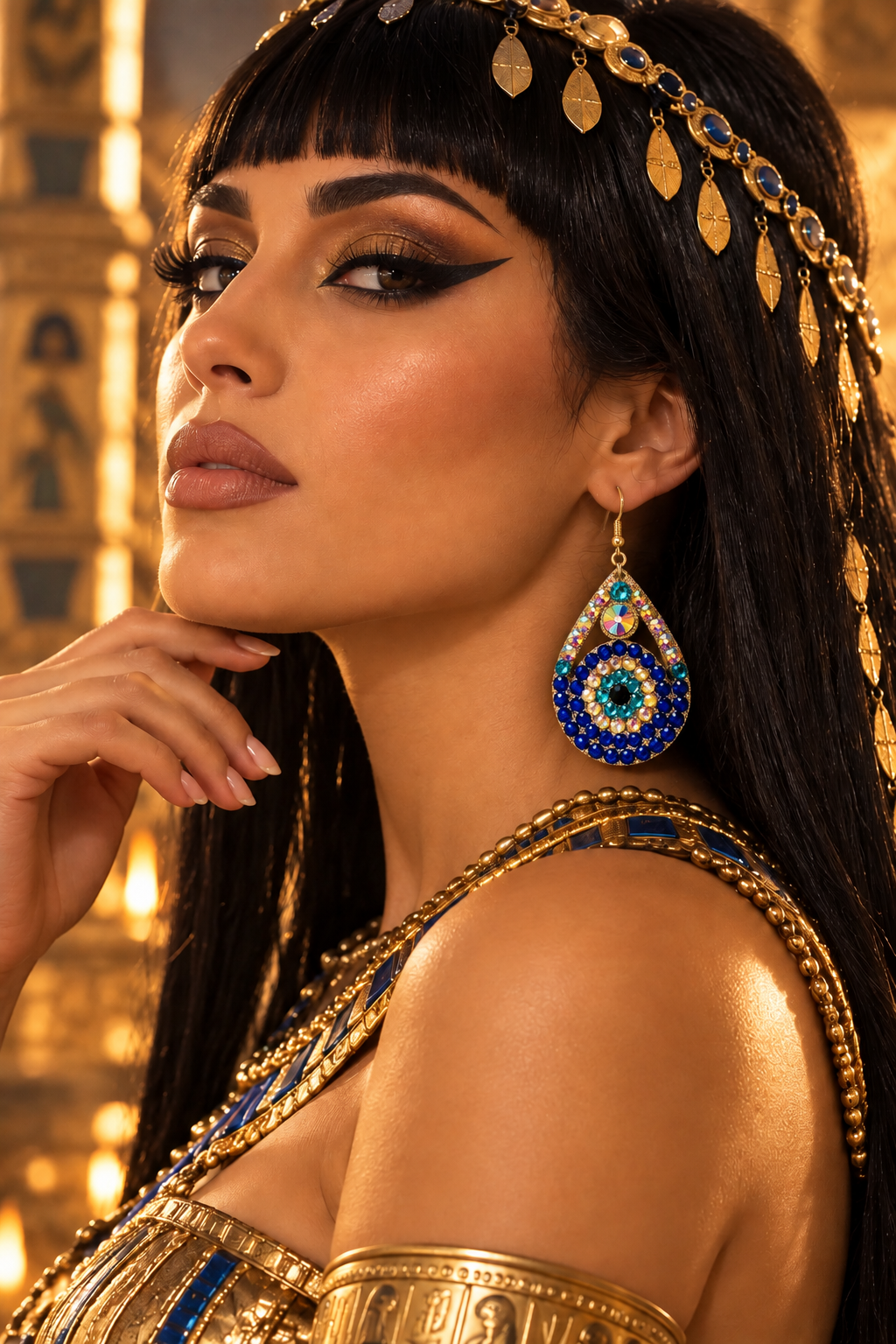 Golden Portrait with Teardrop Evil Eye Earring